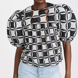 SEA NEW YORK catalina calico quilted black & white puff sleeve cut out top